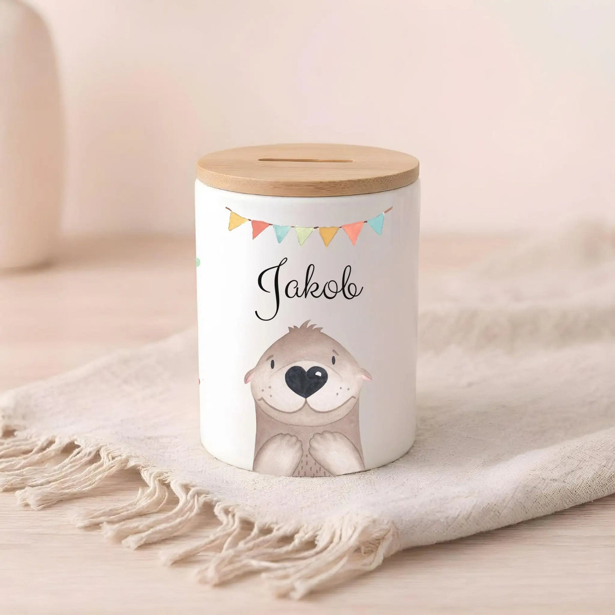 3 in 1 Spardose Keramik personalisiert - Tier Girlande Aquarell - wunderwunsch
