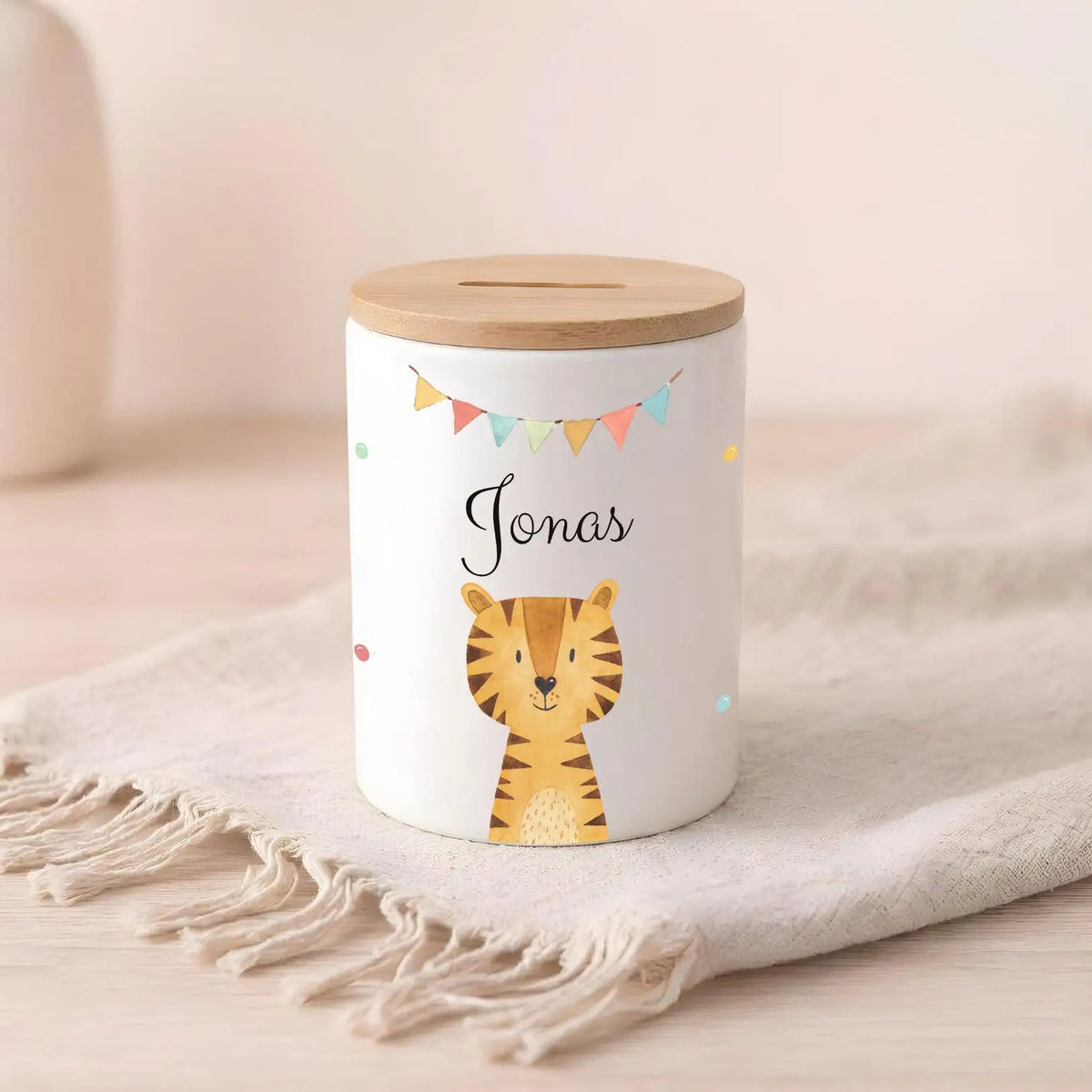 3 in 1 Spardose Keramik personalisiert - Tier Girlande Aquarell - wunderwunsch