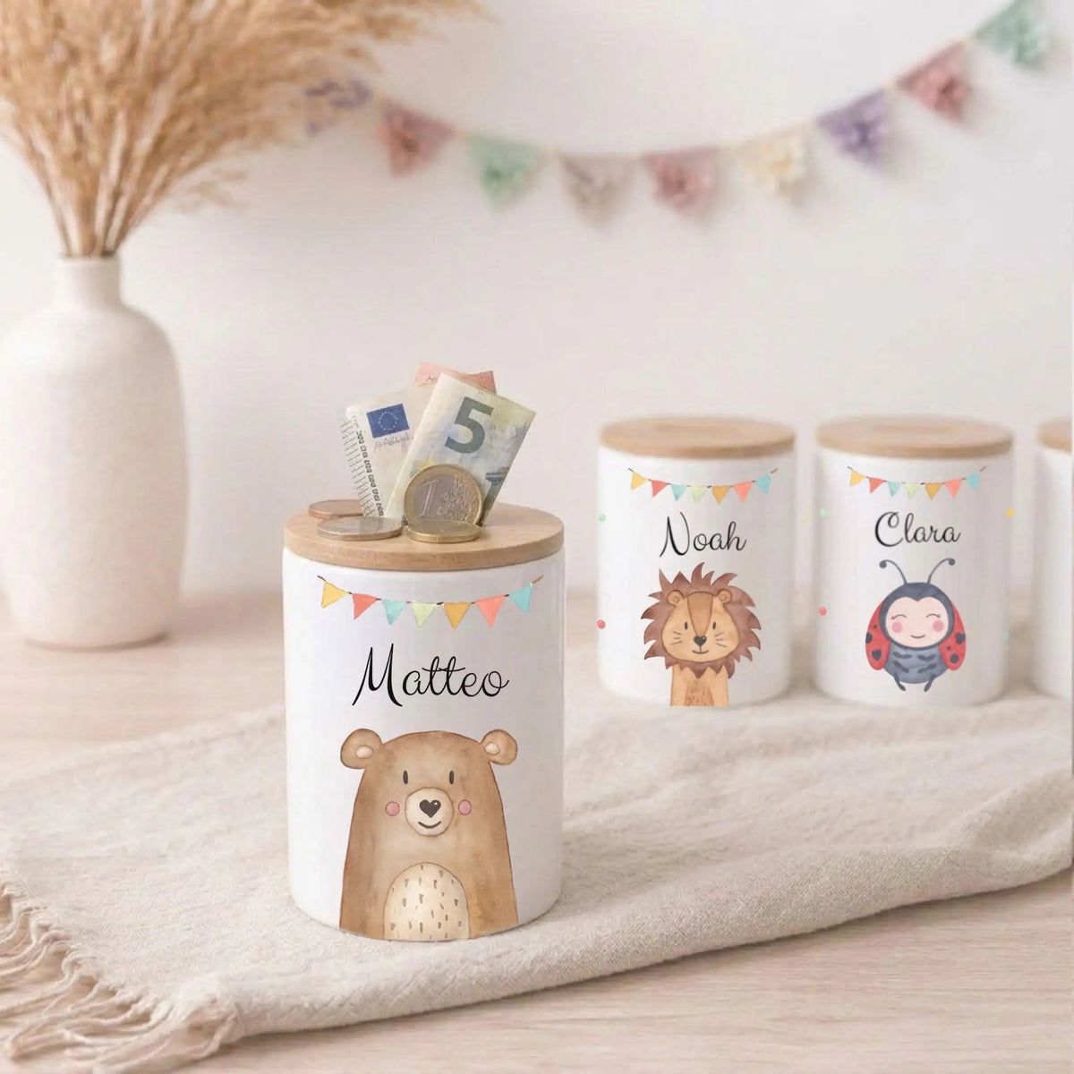 3 in 1 Spardose Keramik personalisiert - Tier Girlande Aquarell - wunderwunsch