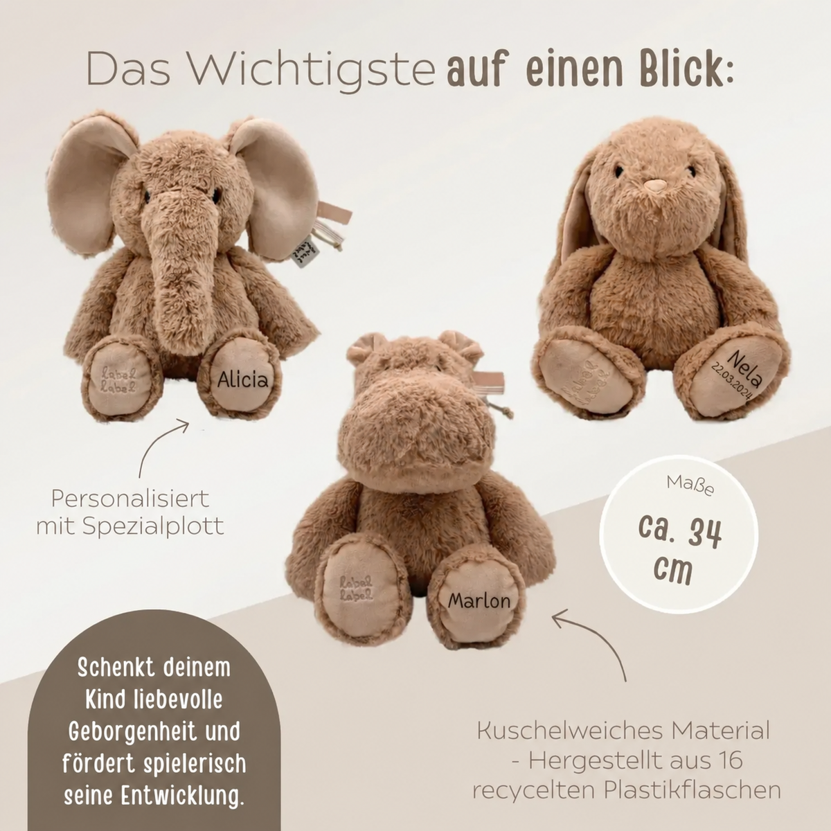Kuscheltiere nougat - Nilpferd, Hase, Elefant personalisierbar