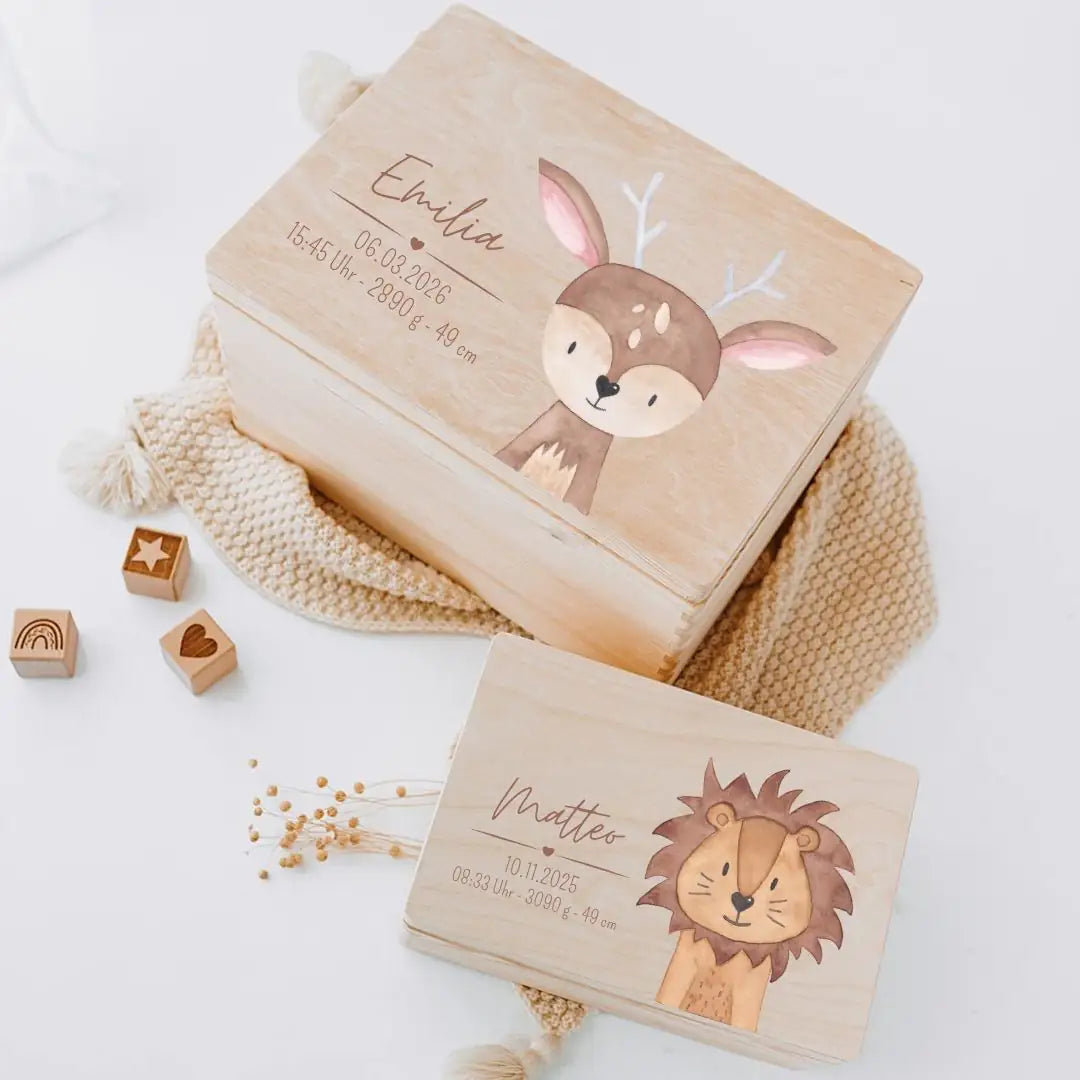 Erinnerungsbox Holz mit Wunschdaten – Tier Aquarell Erinnerungskiste -  wunderwunsch