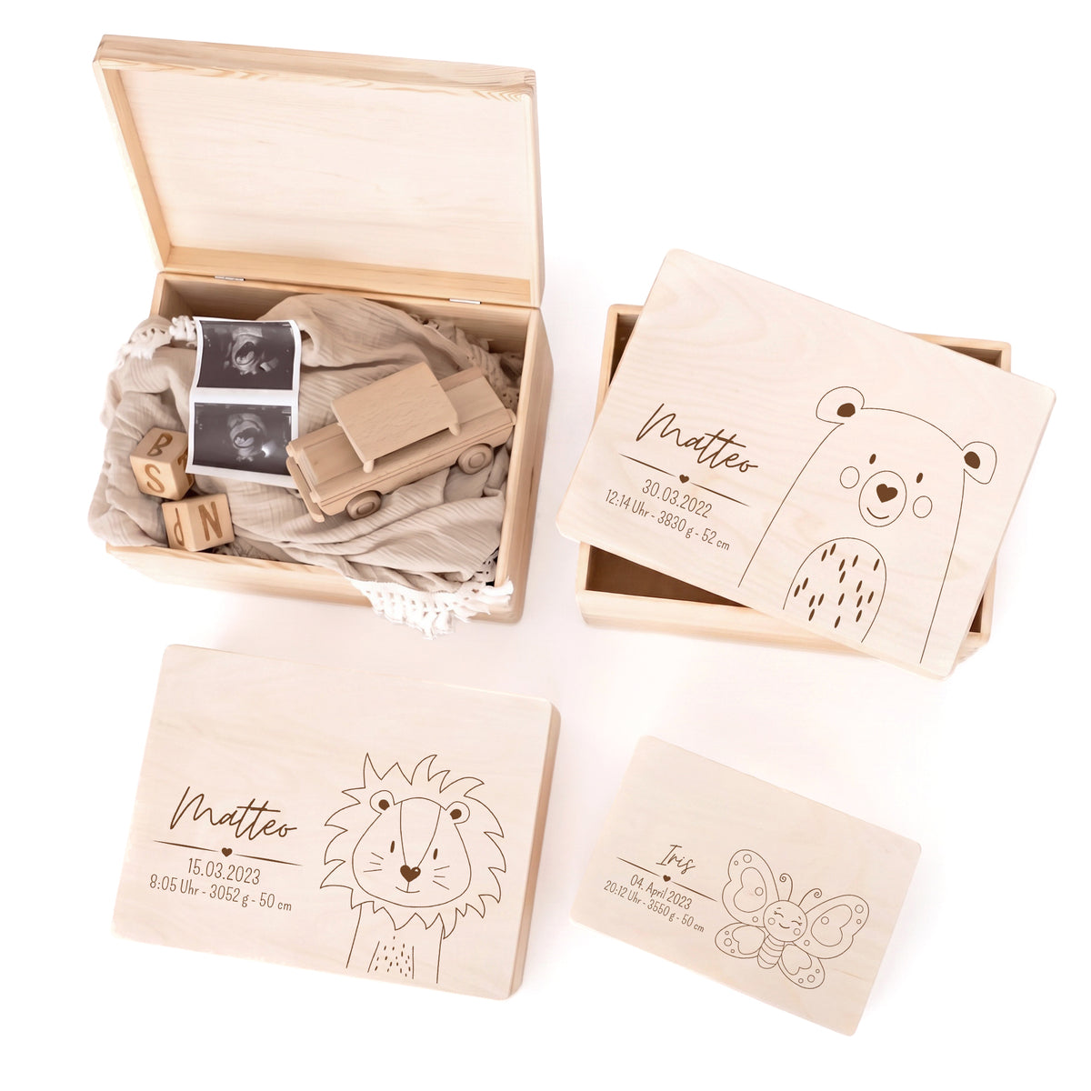 Erinnerungsbox Holz mit Wunschdaten – Tier Gravur