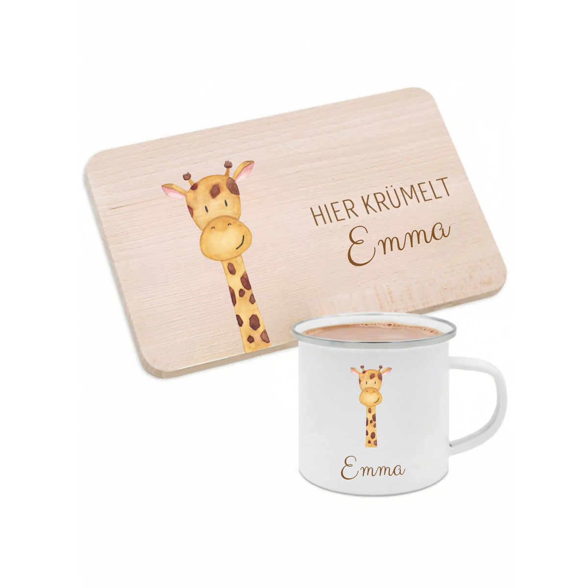 Frühstücks Bundle - Frühstücksbrettchen + Emaille Tasse personalisiert - Tier Aquarell