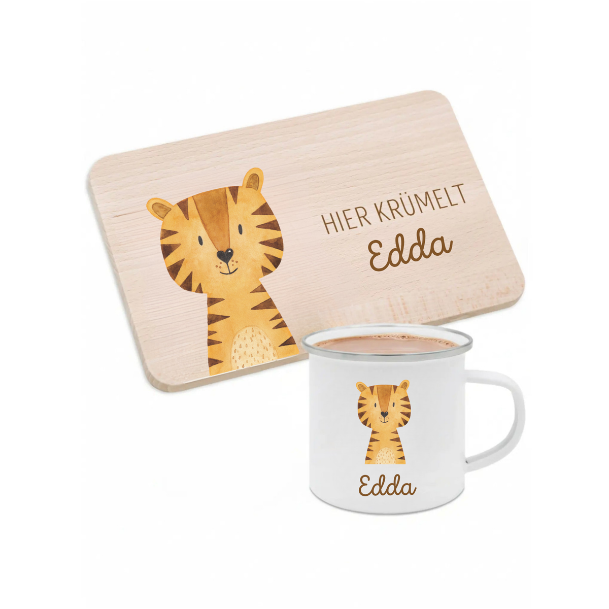Frühstücks Bundle - Frühstücksbrettchen + Emaille Tasse personalisiert - Tier Aquarell