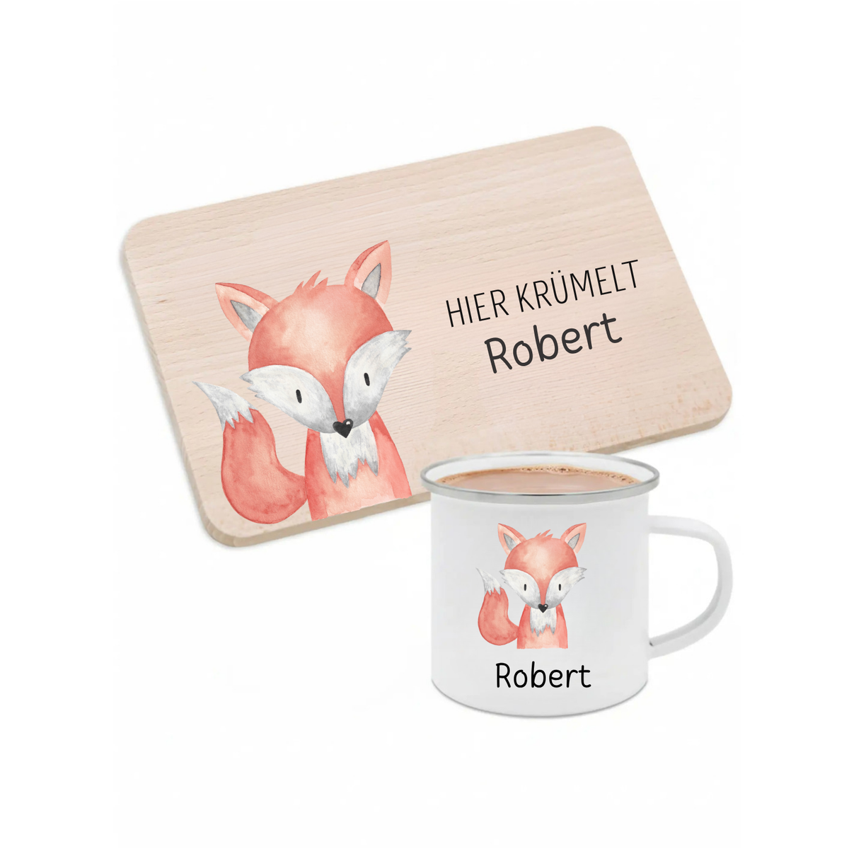 Frühstücks Bundle - Frühstücksbrettchen + Emaille Tasse personalisiert - Tier Aquarell