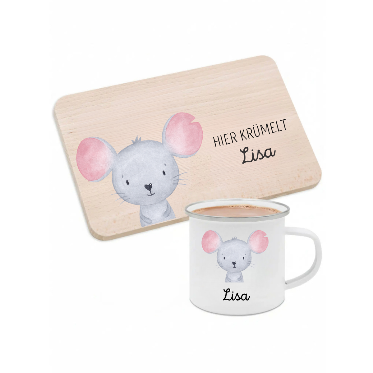Frühstücks Bundle - Frühstücksbrettchen + Emaille Tasse personalisiert - Tier Aquarell