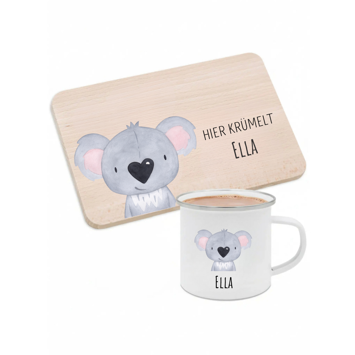 Frühstücks Bundle - Frühstücksbrettchen + Emaille Tasse personalisiert - Tier Aquarell