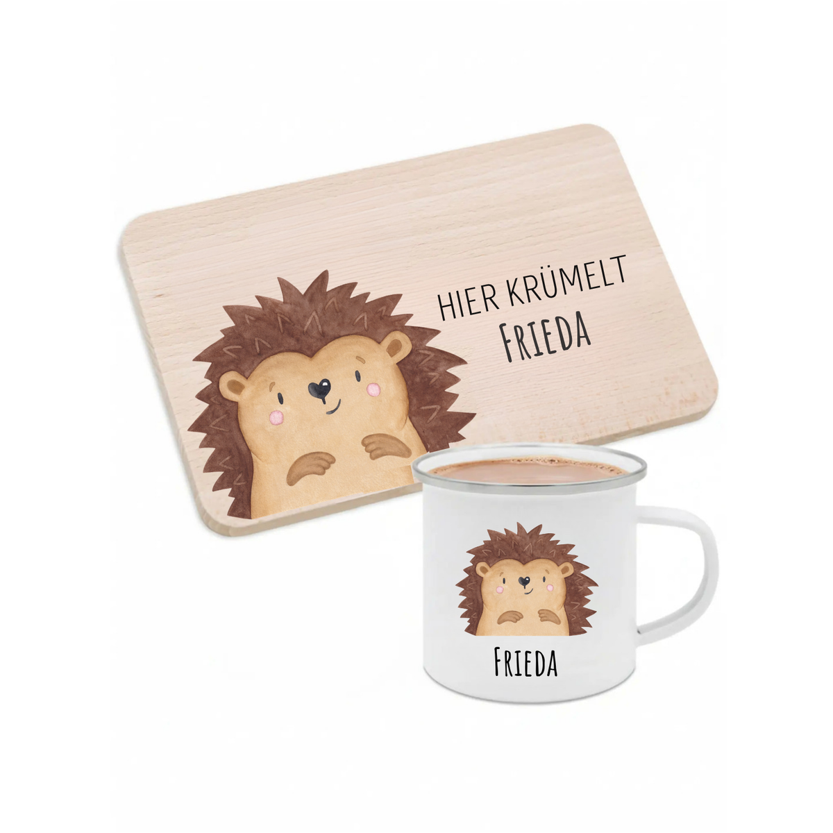Frühstücks Bundle - Frühstücksbrettchen + Emaille Tasse personalisiert - Tier Aquarell