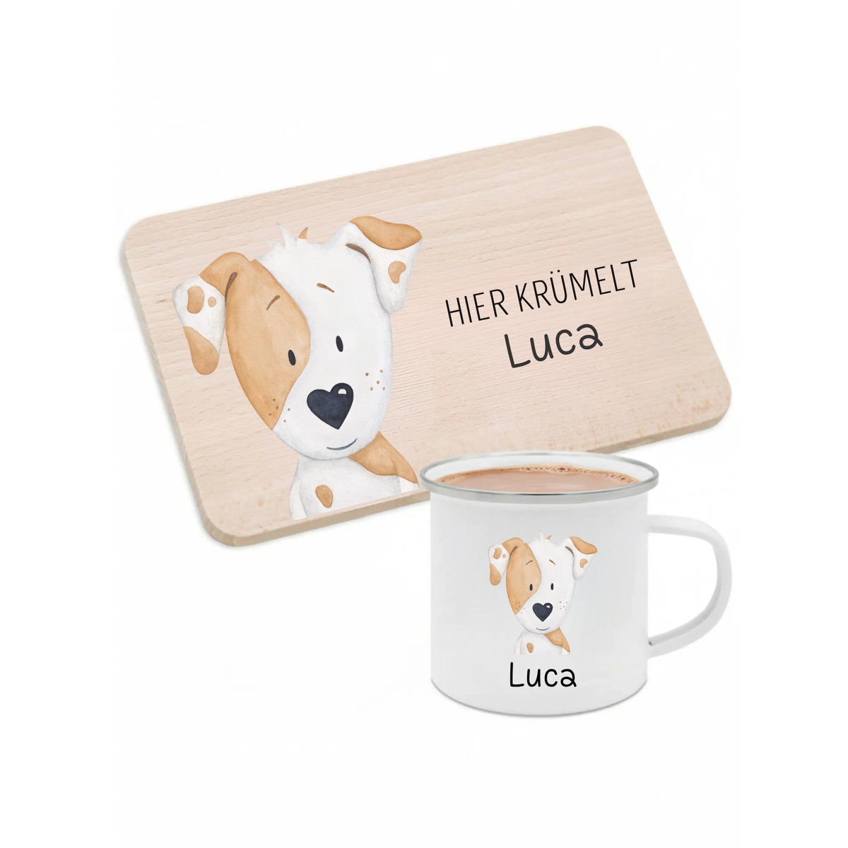 Frühstücks Bundle - Frühstücksbrettchen + Emaille Tasse personalisiert - Tier Aquarell