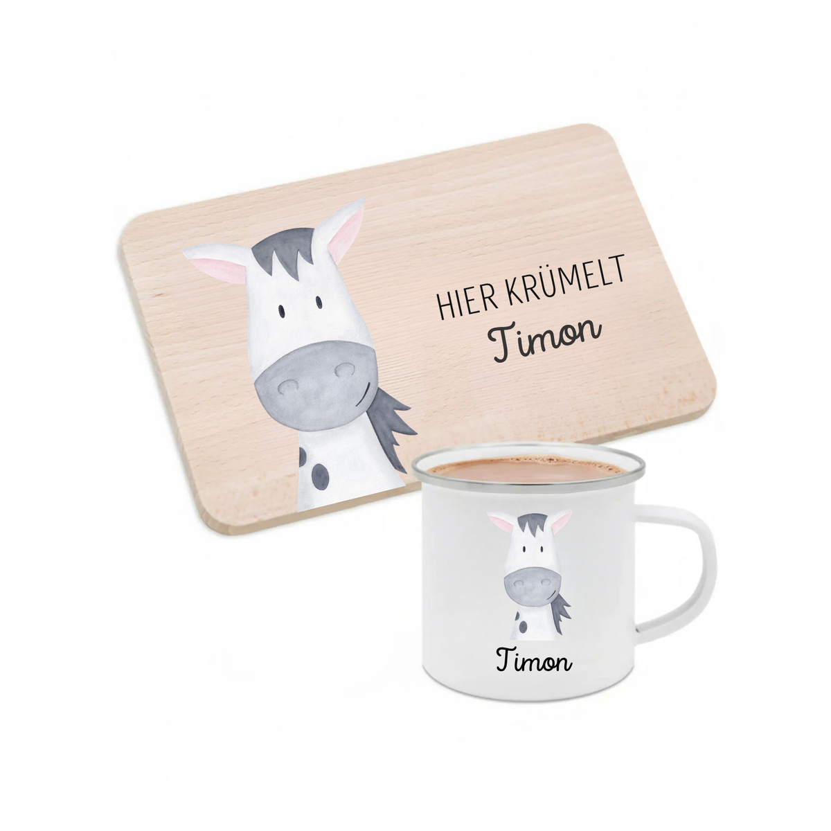 Frühstücks Bundle - Frühstücksbrettchen + Emaille Tasse personalisiert - Tier Aquarell
