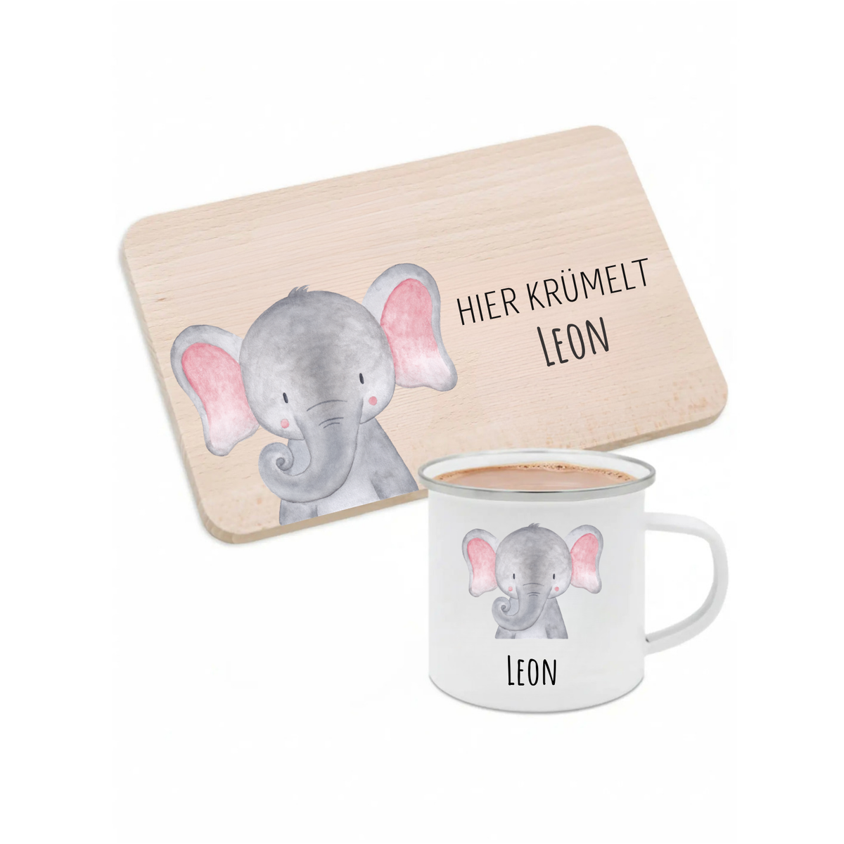 Frühstücks Bundle - Frühstücksbrettchen + Emaille Tasse personalisiert - Tier Aquarell