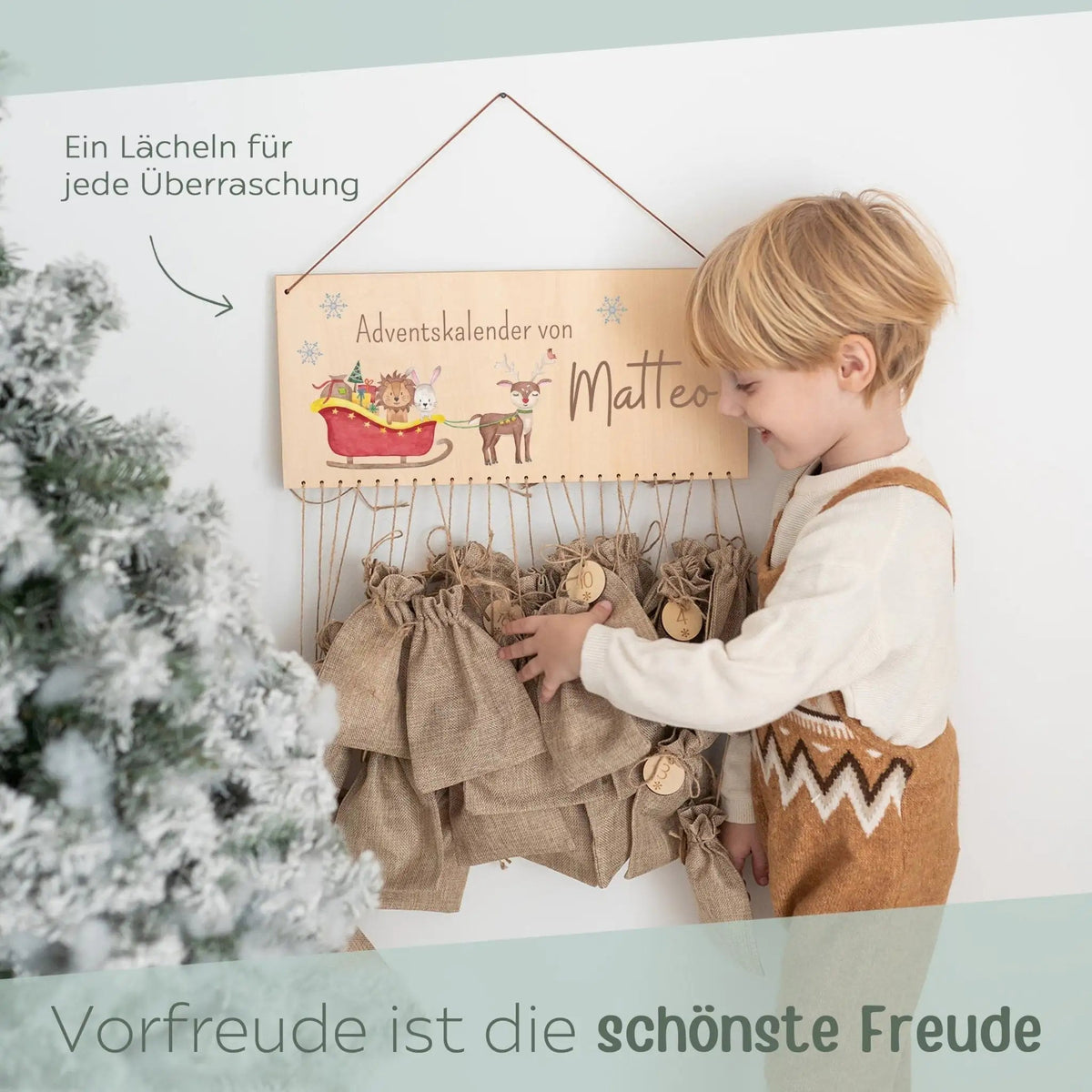 Adventskalender personalisiert - Schlitten Tiere Aquarell - wunderwunsch