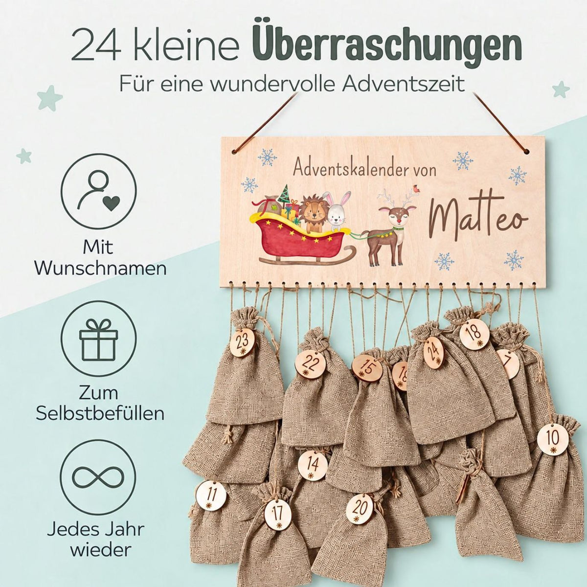 Adventskalender personalisiert - Schlitten Tiere Aquarell - wunderwunsch