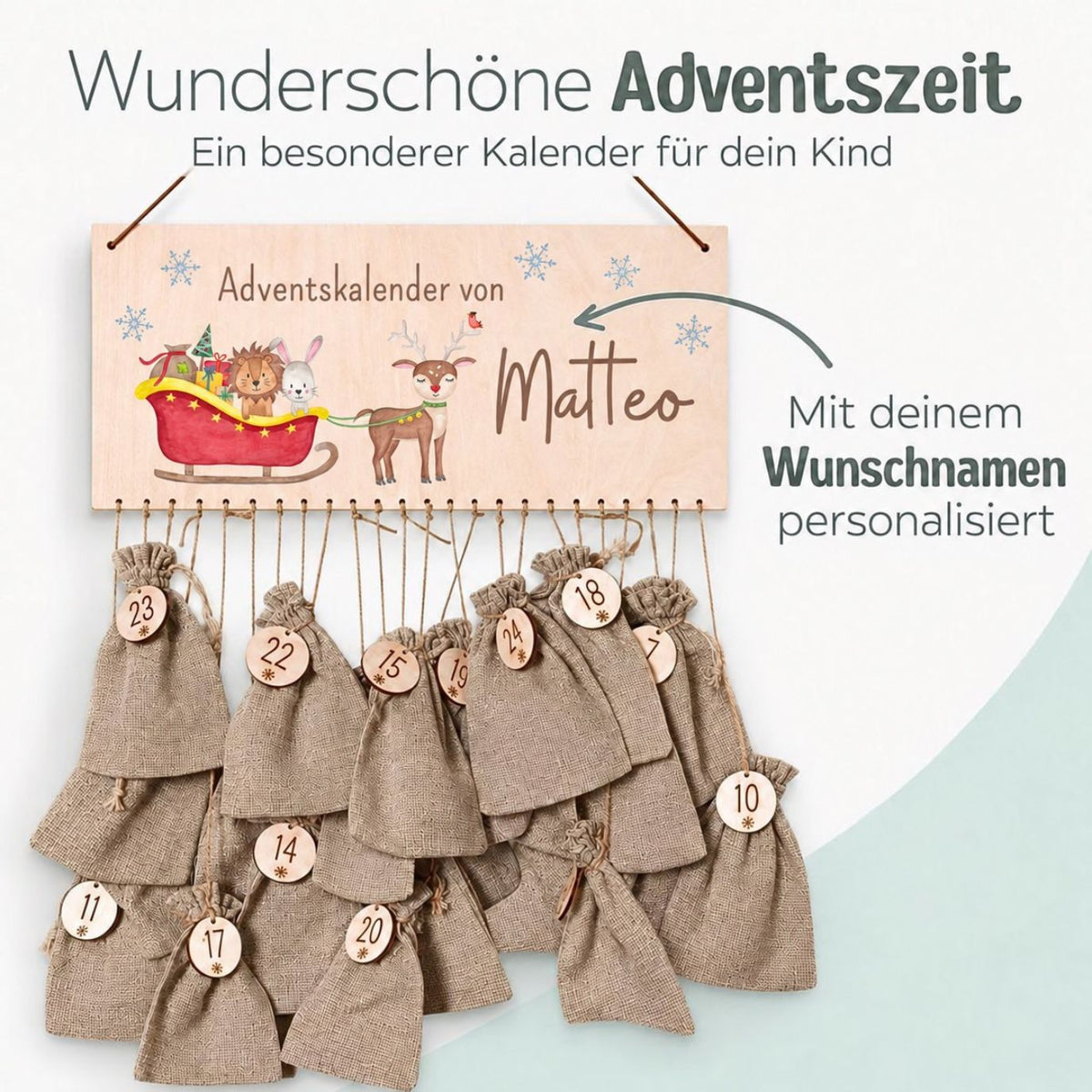 Adventskalender personalisiert - Schlitten Tiere Aquarell - wunderwunsch