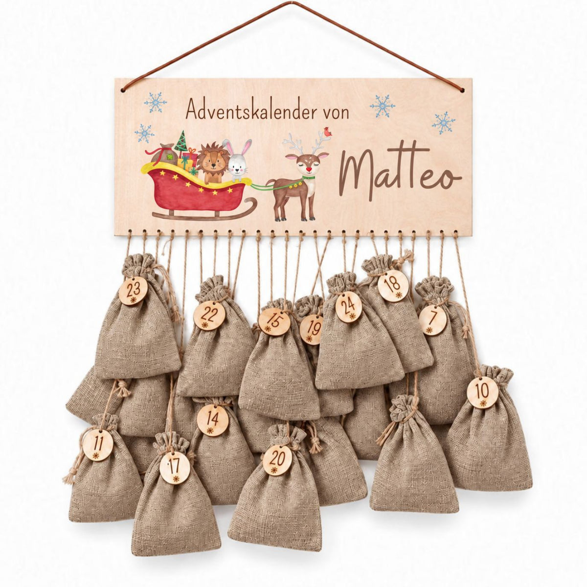 Adventskalender personalisiert - Schlitten Tiere Aquarell - wunderwunsch