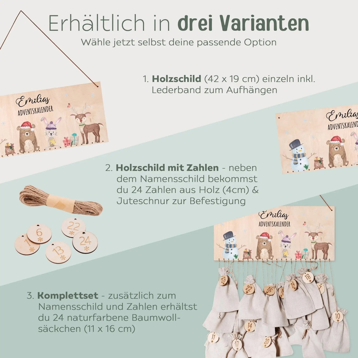 Adventskalender personalisiert - "Schneemann Tiere" Aquarell - wunderwunsch