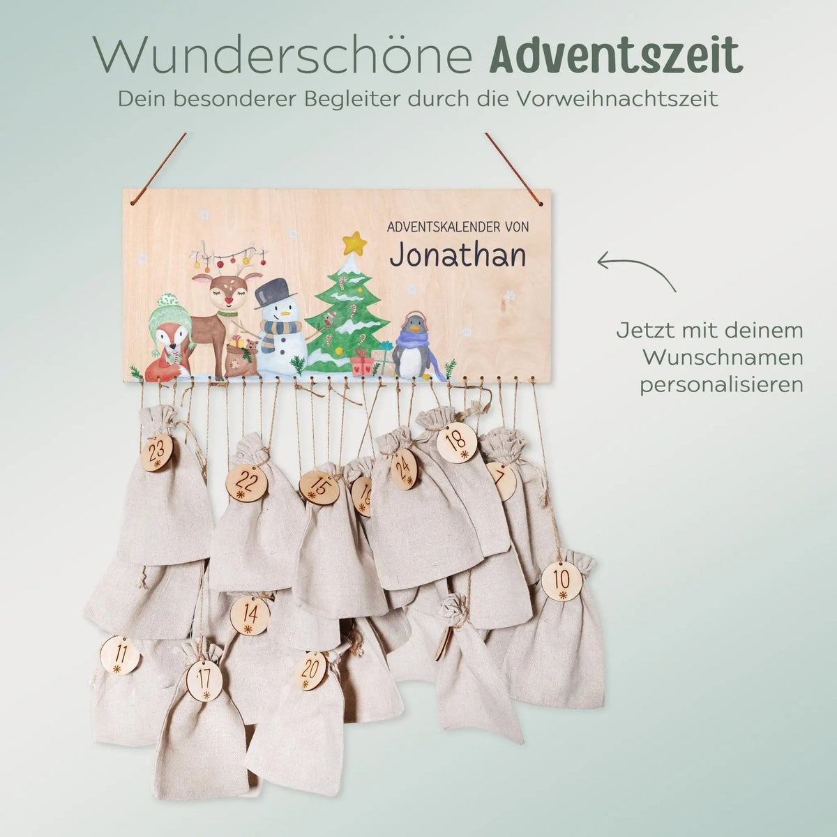 Adventskalender personalisiert - "Schneemann Weihnachtsbaum" Aquarell - wunderwunsch