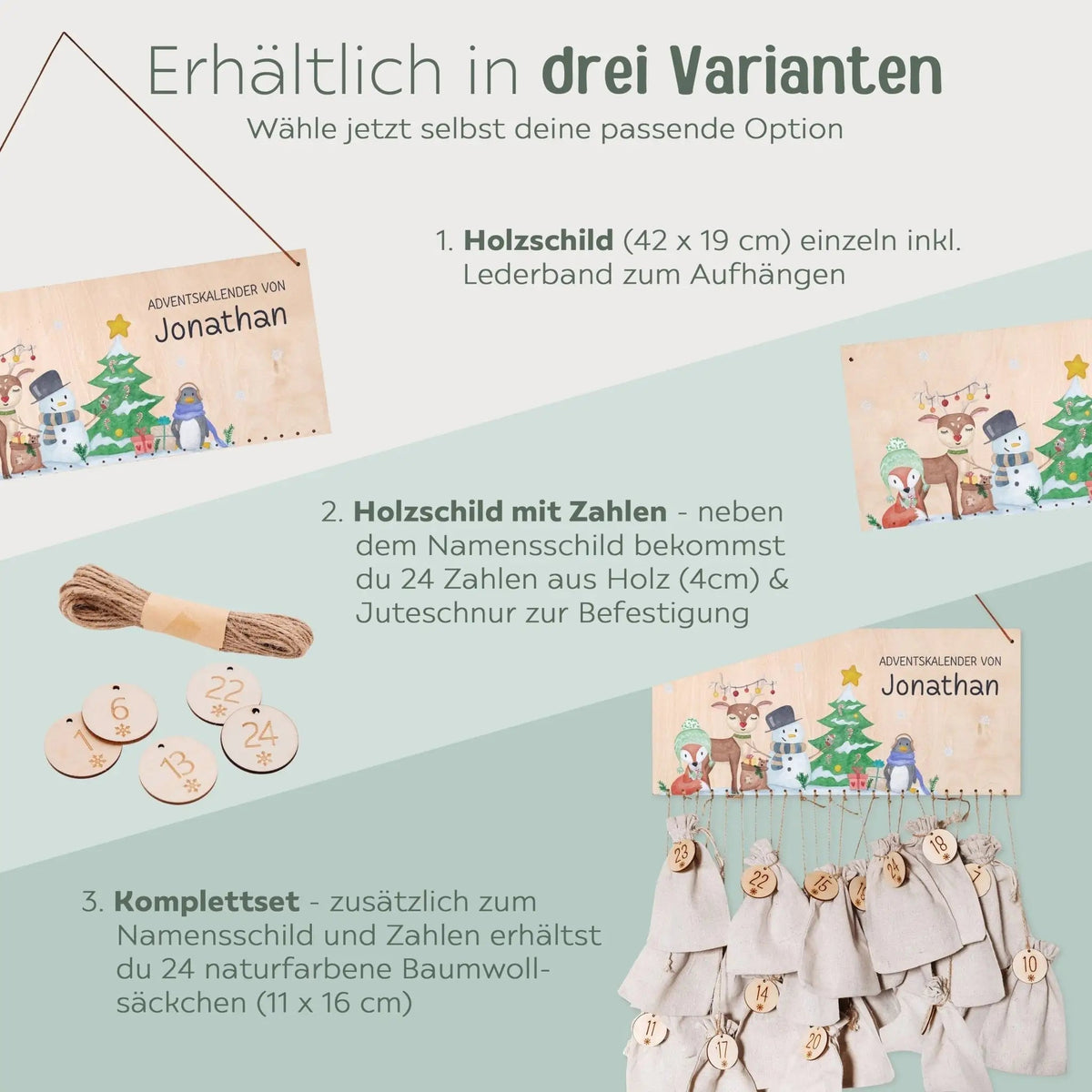 Adventskalender personalisiert - "Schneemann Weihnachtsbaum" Aquarell - wunderwunsch