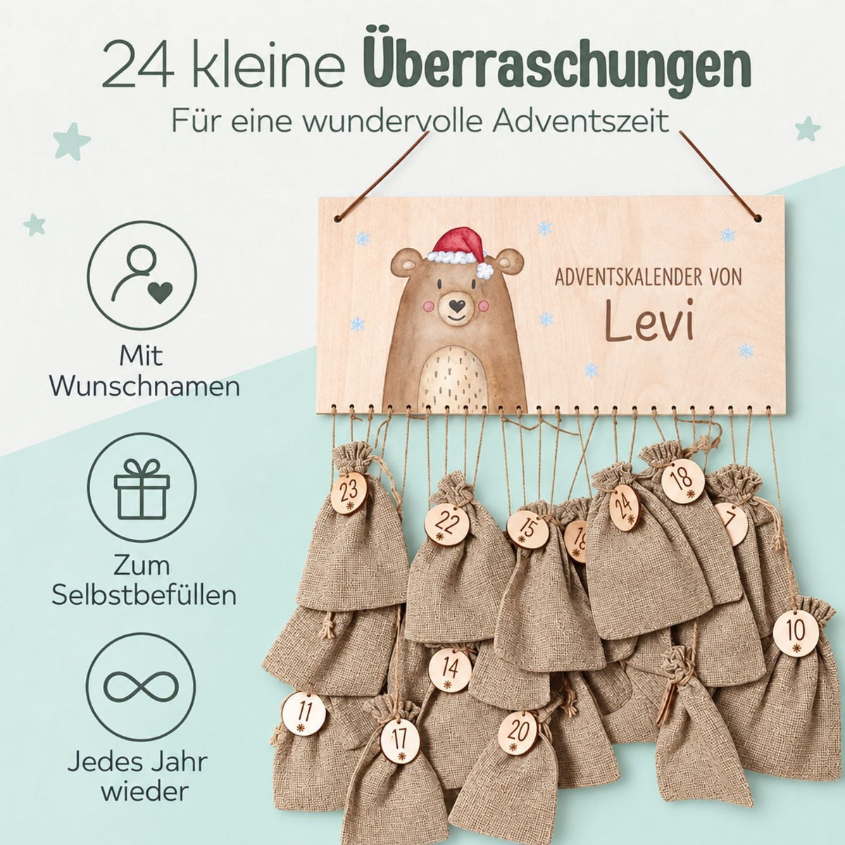 Adventskalender personalisiert - Weihnachtsbär Aquarell - wunderwunsch