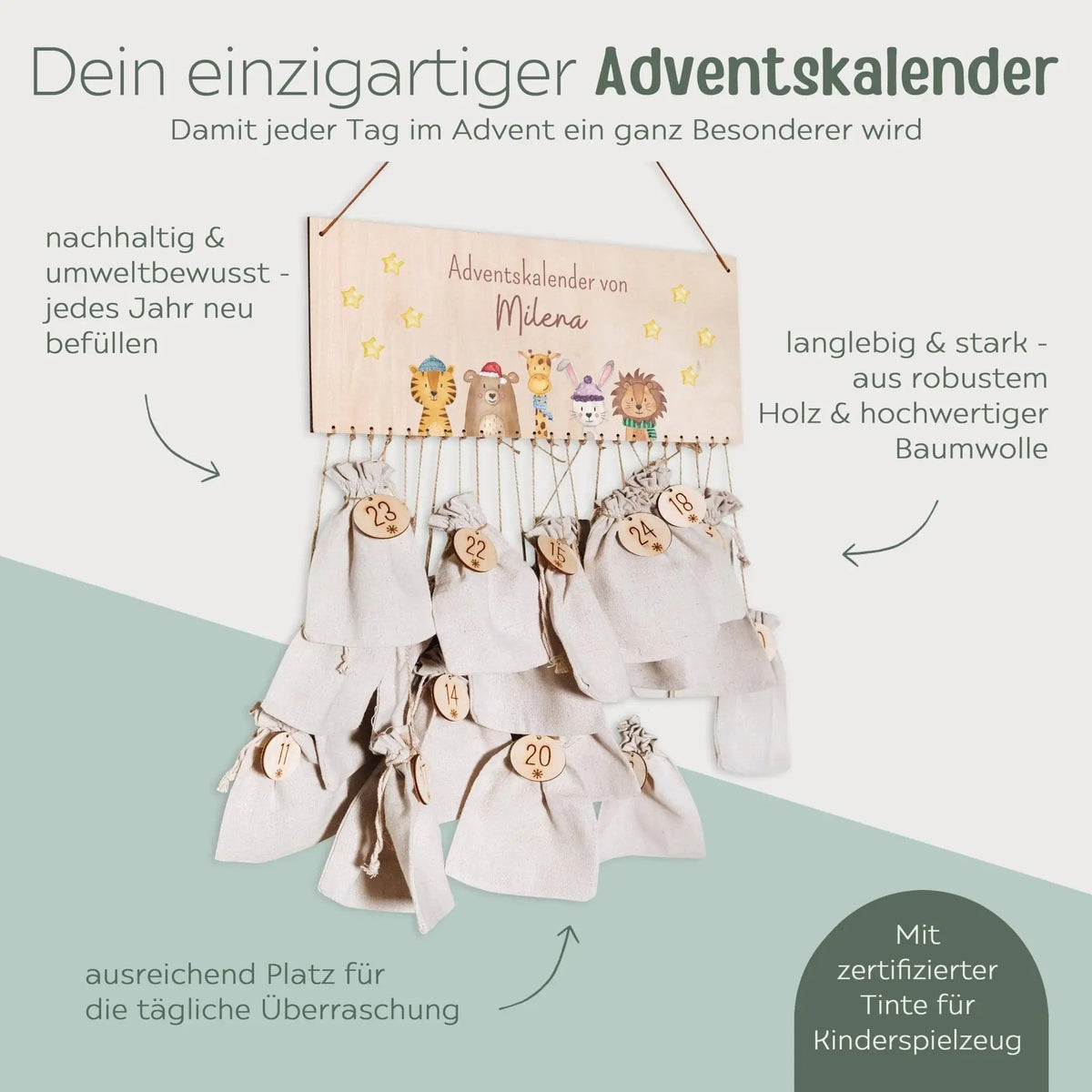 Adventskalender personalisiert - "Weihnachtstiere unten Sterne" Aquarell - wunderwunsch