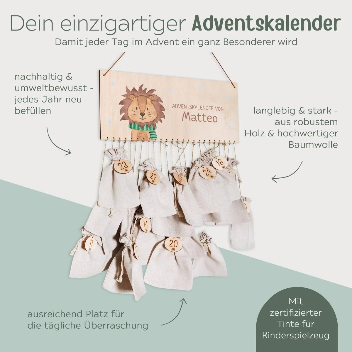 Adventskalender personalisiert - "Winterlöwe" Aquarell - wunderwunsch