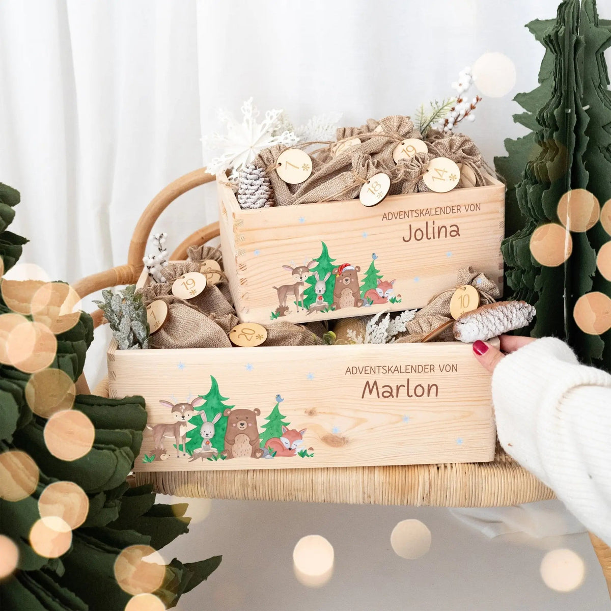 Adventskiste personalisiert - "Weihnachtliche Waldfreunde" Aquarell - wunderwunsch