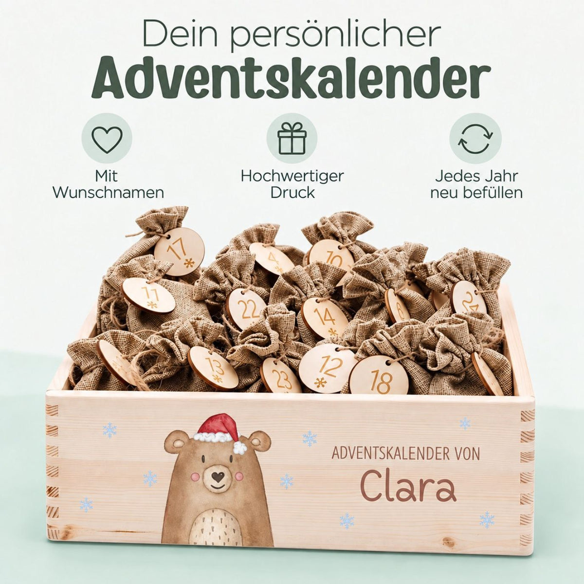 Adventskiste personalisiert - Weihnachtsbär Aquarell - wunderwunsch
