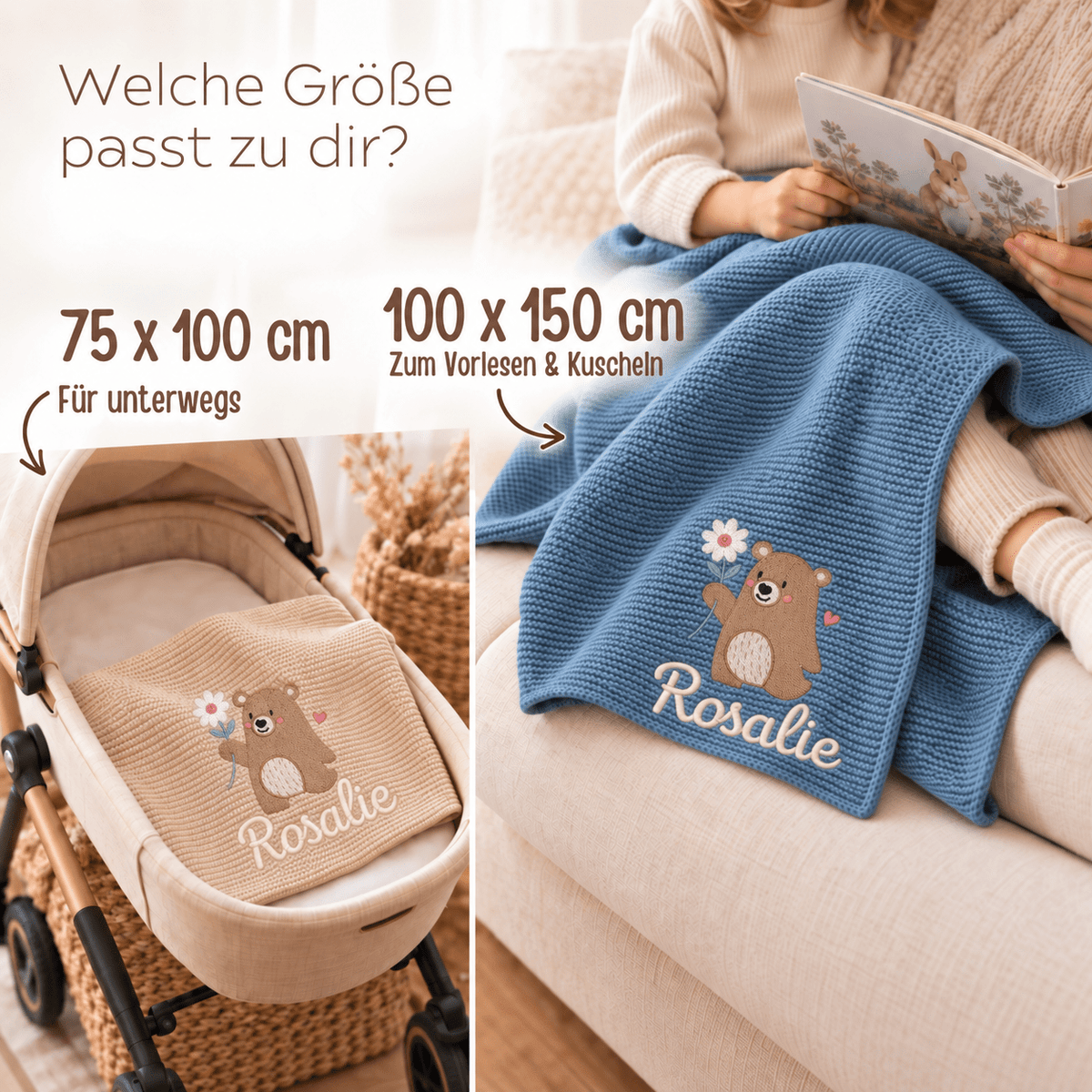Babydecke personalisiert aus 100 % Bio-Baumwolle - Bär mit Blume - wunderwunsch