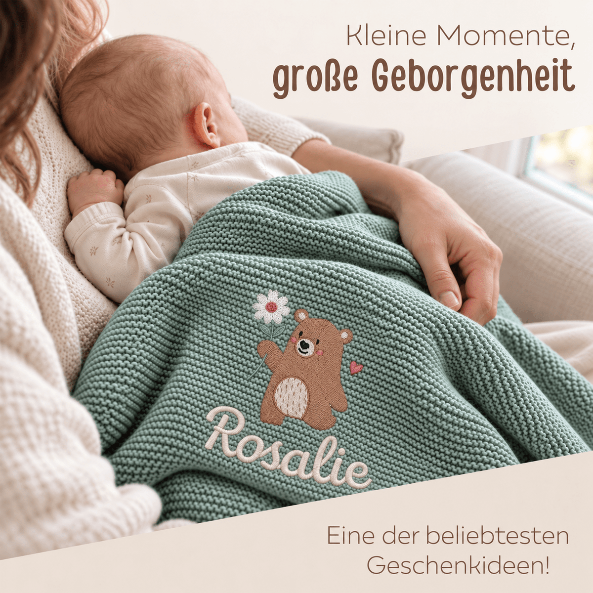 Babydecke personalisiert aus 100 % Bio-Baumwolle - Bär mit Blume - wunderwunsch