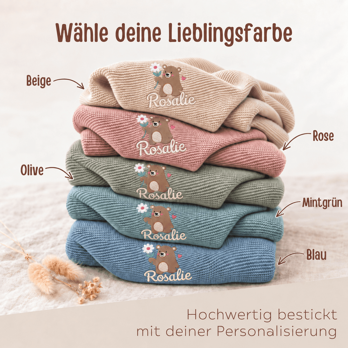Babydecke personalisiert aus 100 % Bio-Baumwolle - Bär mit Blume - wunderwunsch