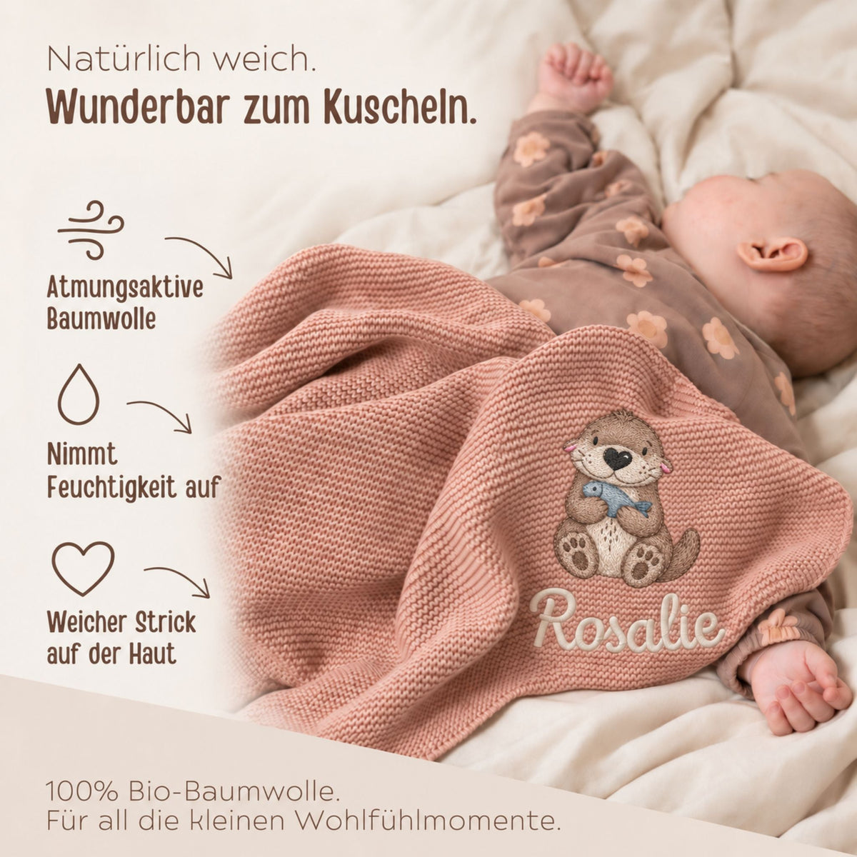 Babydecke personalisiert aus 100 % Bio-Baumwolle - Otter mit Fisch - wunderwunsch
