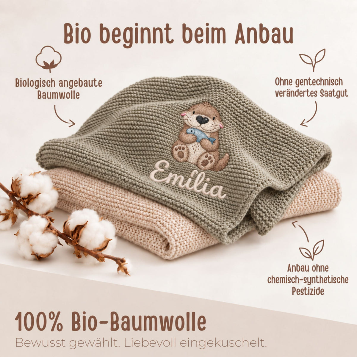 Babydecke personalisiert aus 100 % Bio-Baumwolle - Otter mit Fisch - wunderwunsch