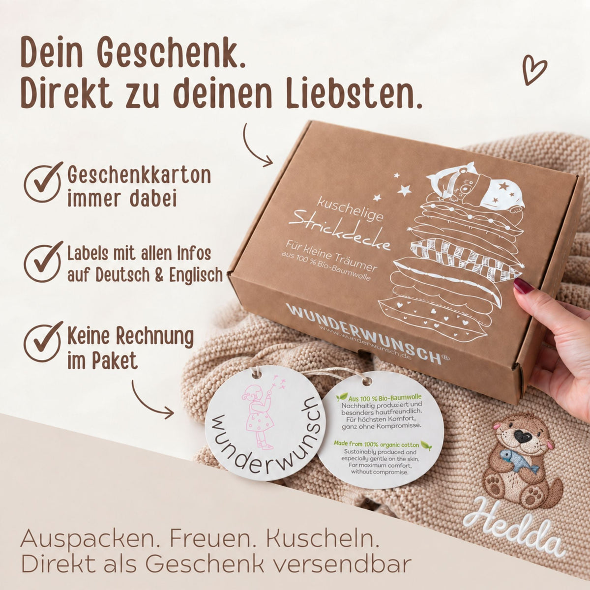 Babydecke personalisiert aus 100 % Bio-Baumwolle - Otter mit Fisch - wunderwunsch