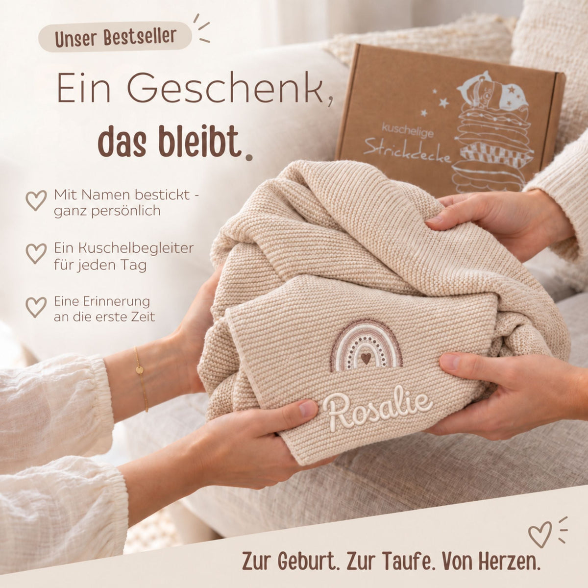 Babydecke personalisiert aus 100 % Bio-Baumwolle - Regenbogen - wunderwunsch