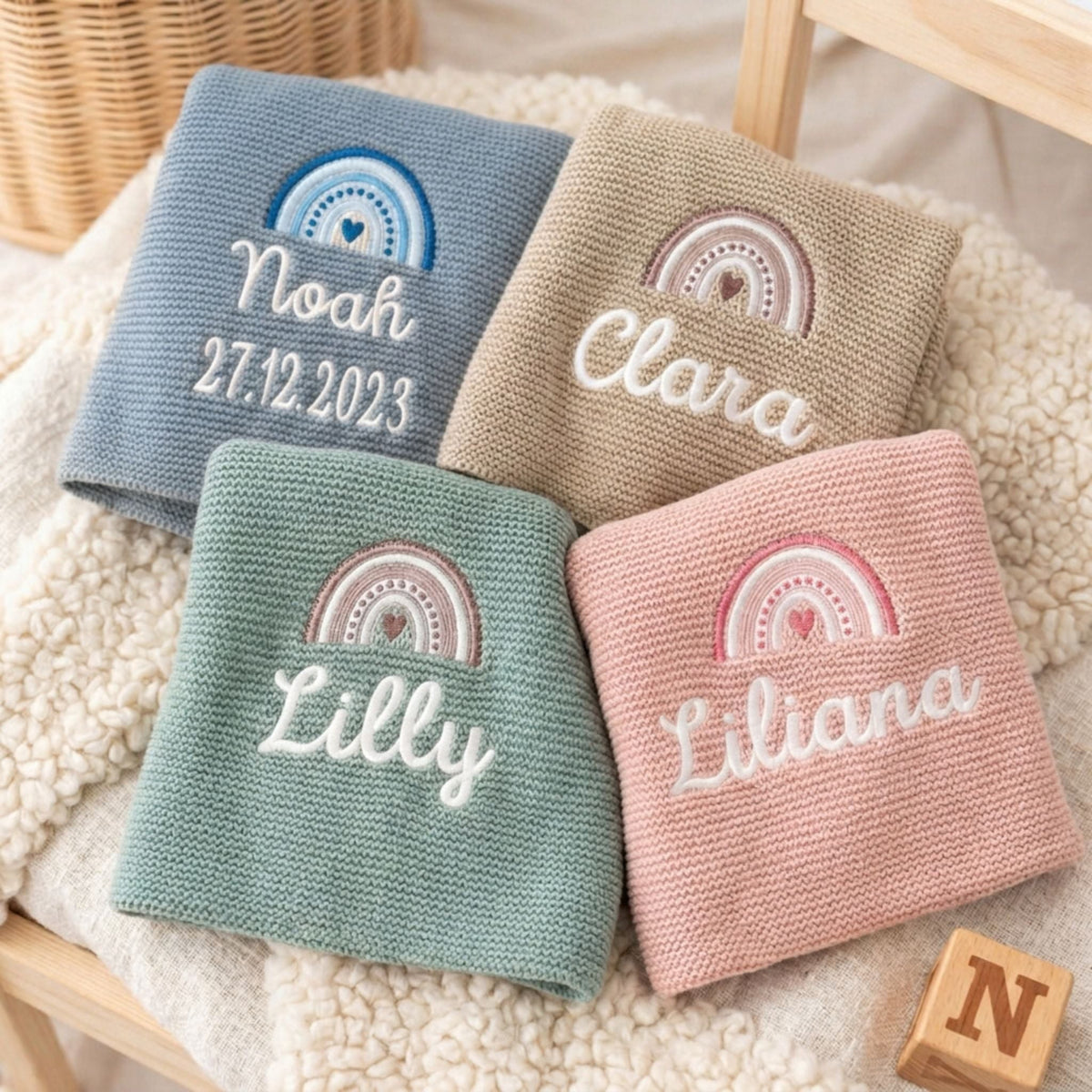 Babydecke personalisiert aus 100 % Bio-Baumwolle - Regenbogen - wunderwunsch