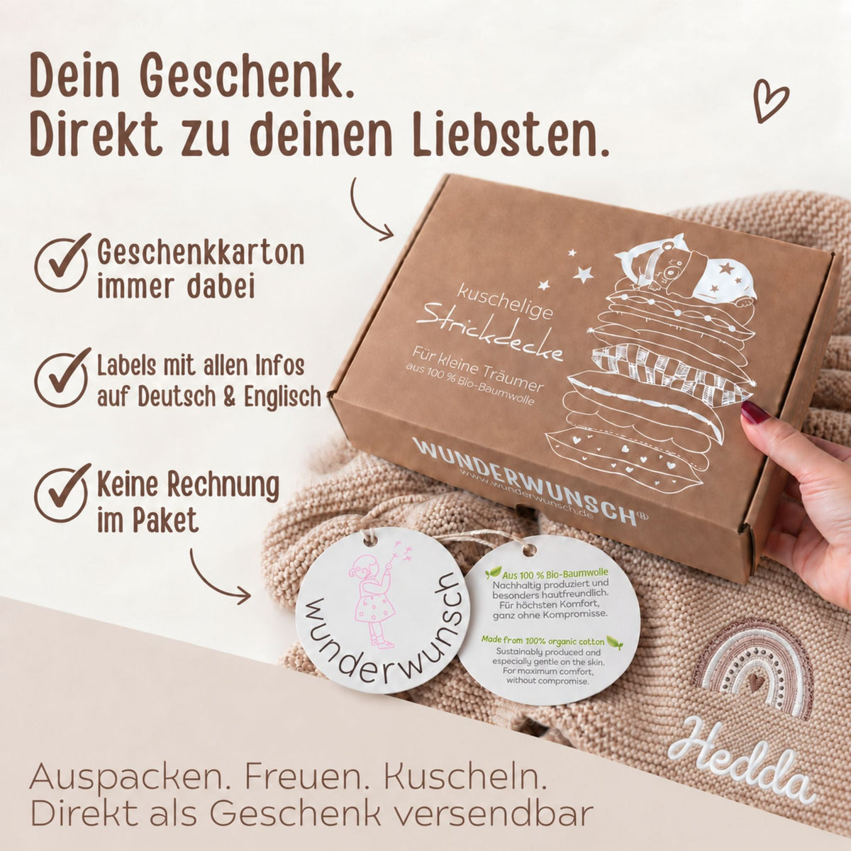 Babydecke personalisiert aus 100 % Bio-Baumwolle - Regenbogen - wunderwunsch