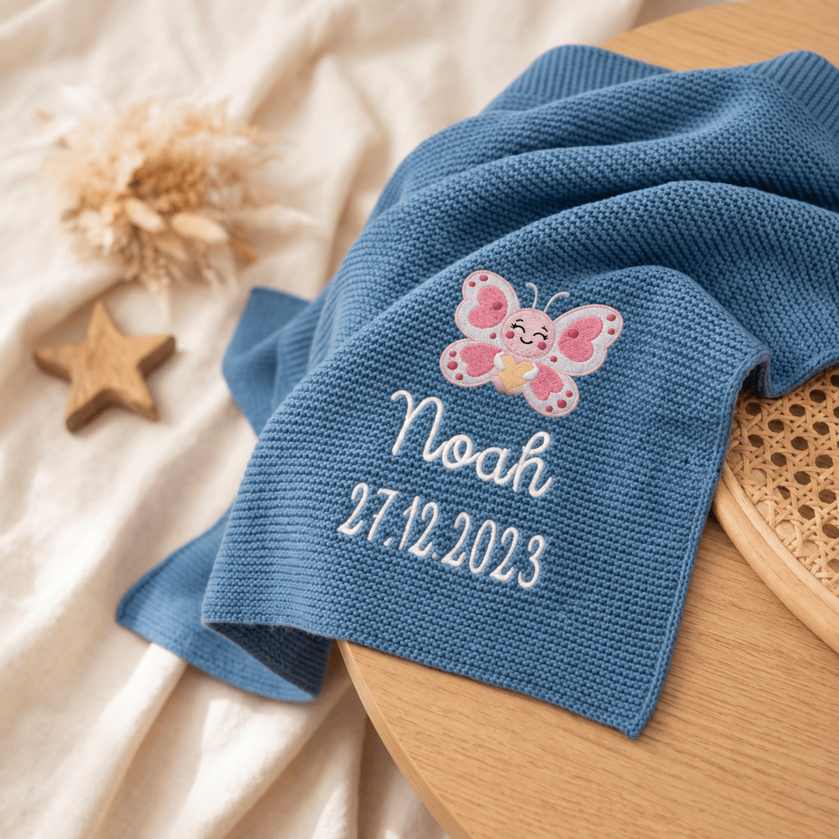 Babydecke personalisiert aus 100 % Bio-Baumwolle - Schmetterling mit Herz - wunderwunsch