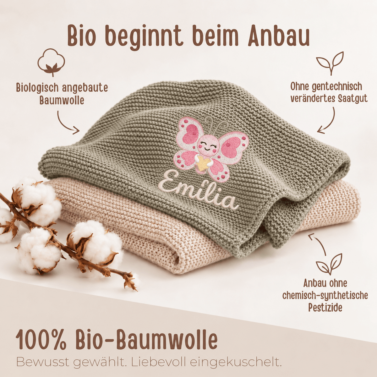 Babydecke personalisiert aus 100 % Bio-Baumwolle - Schmetterling mit Herz - wunderwunsch