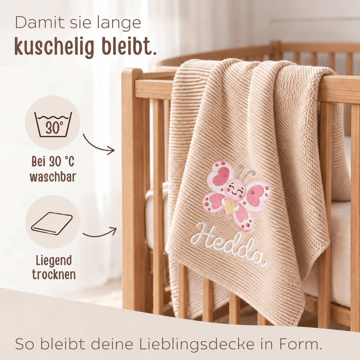 Babydecke personalisiert aus 100 % Bio-Baumwolle - Schmetterling mit Herz - wunderwunsch