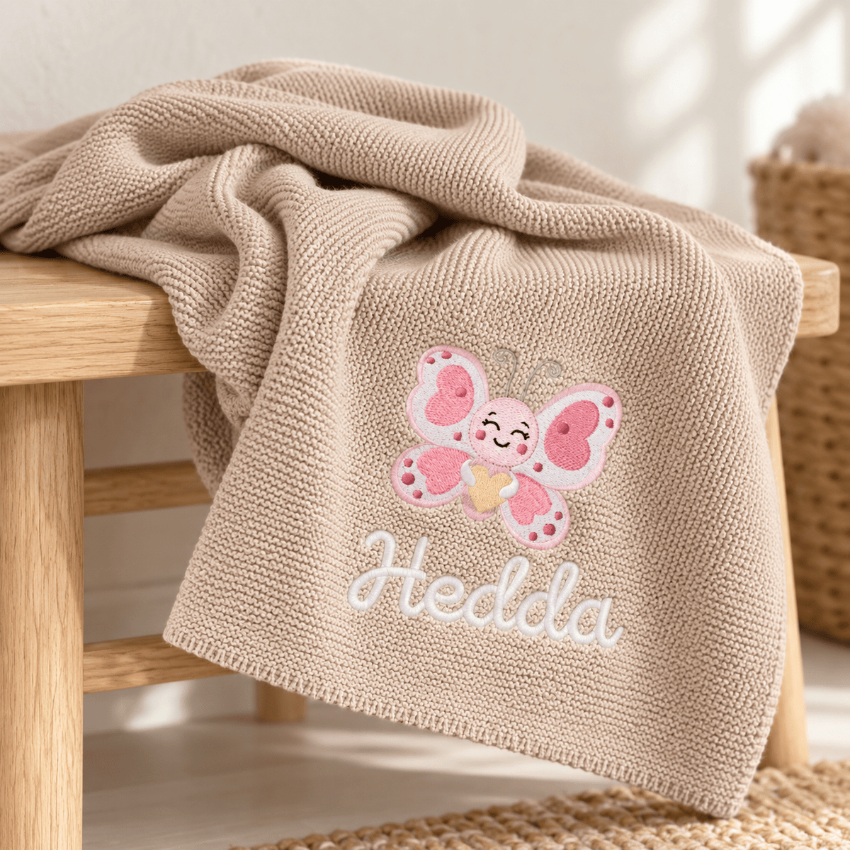 Babydecke personalisiert aus 100 % Bio-Baumwolle - Schmetterling mit Herz - wunderwunsch
