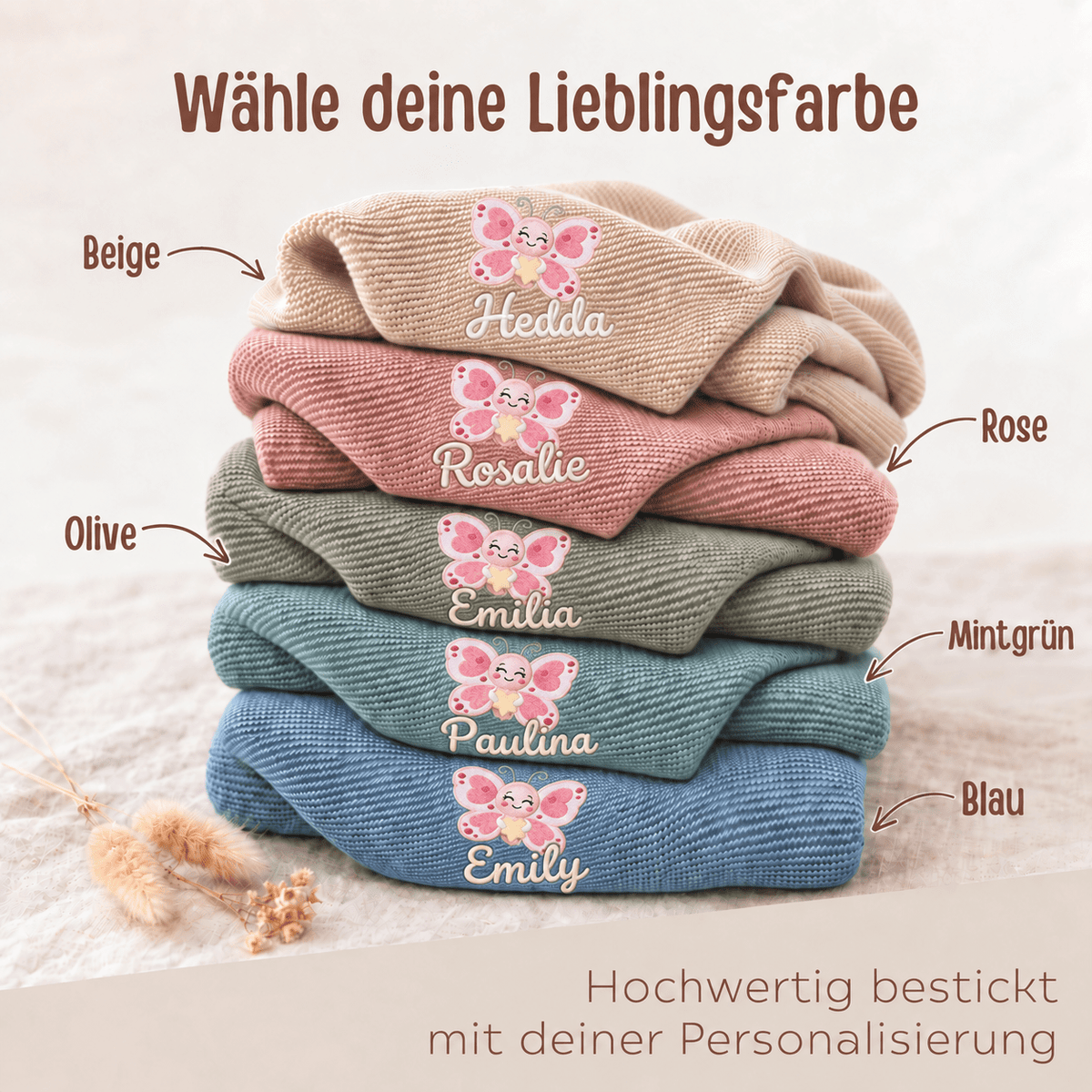 Babydecke personalisiert aus 100 % Bio-Baumwolle - Schmetterling mit Herz - wunderwunsch
