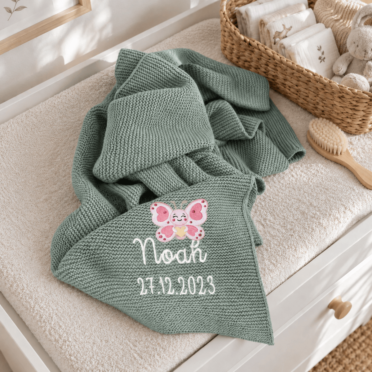 Babydecke personalisiert aus 100 % Bio-Baumwolle - Schmetterling mit Herz - wunderwunsch