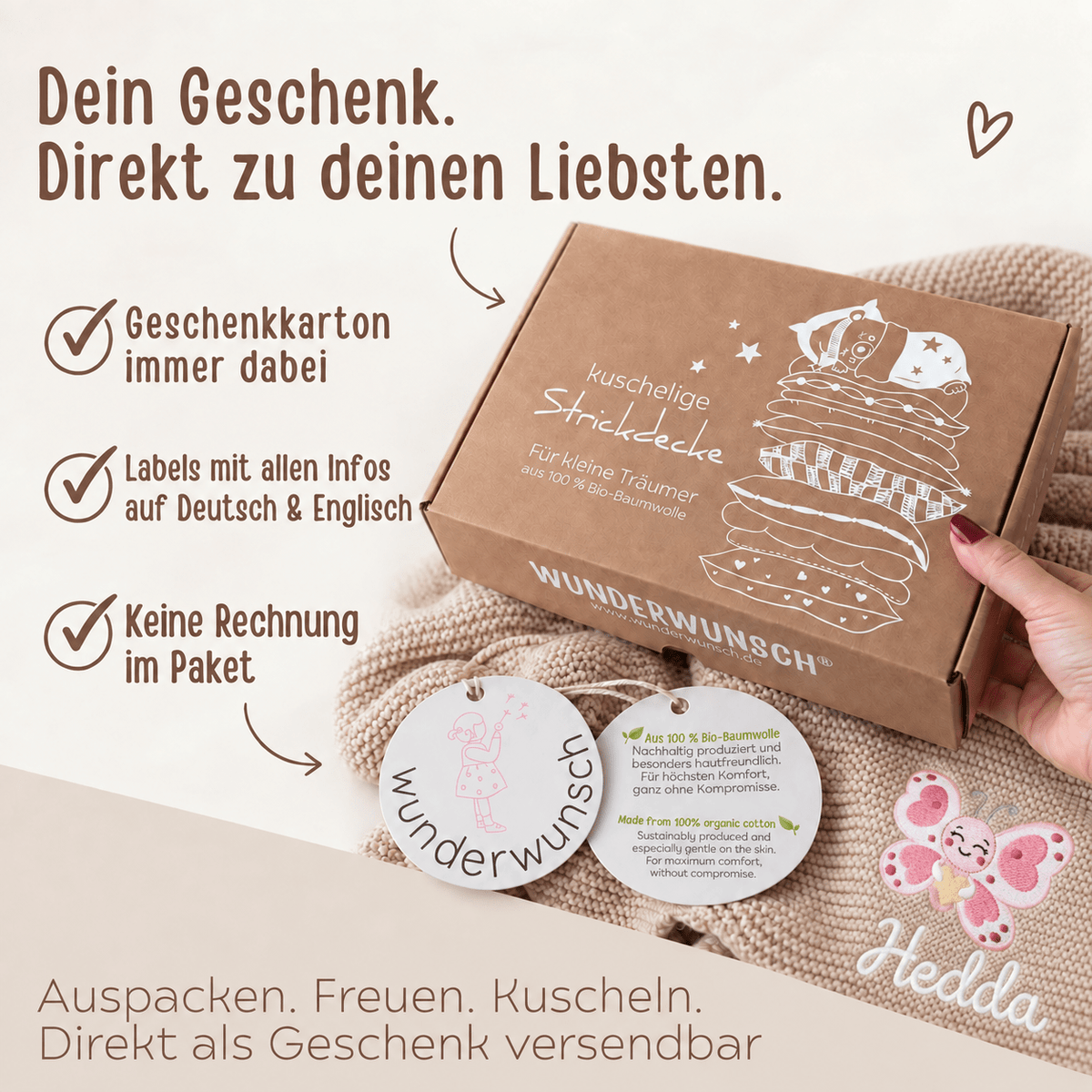 Babydecke personalisiert aus 100 % Bio-Baumwolle - Schmetterling mit Herz - wunderwunsch
