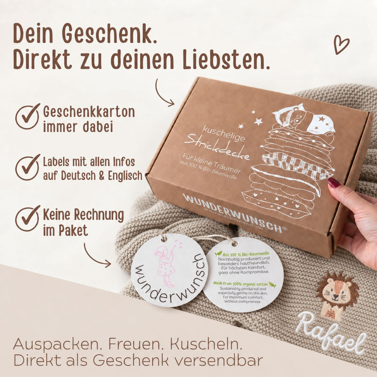 Babydecke personalisiert aus 100 % Bio-Baumwolle - Tiermotiv - wunderwunsch