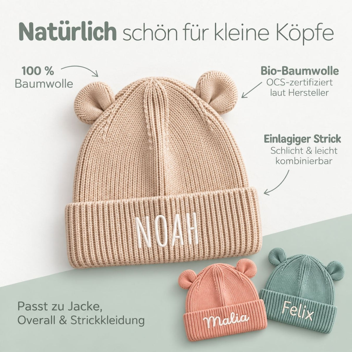 Baby Strickmütze mit Ohren personalisiert - wunderwunsch