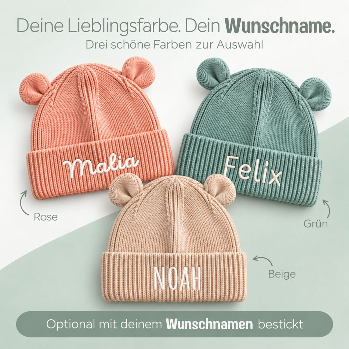 Baby Strickmütze mit Ohren personalisiert - wunderwunsch