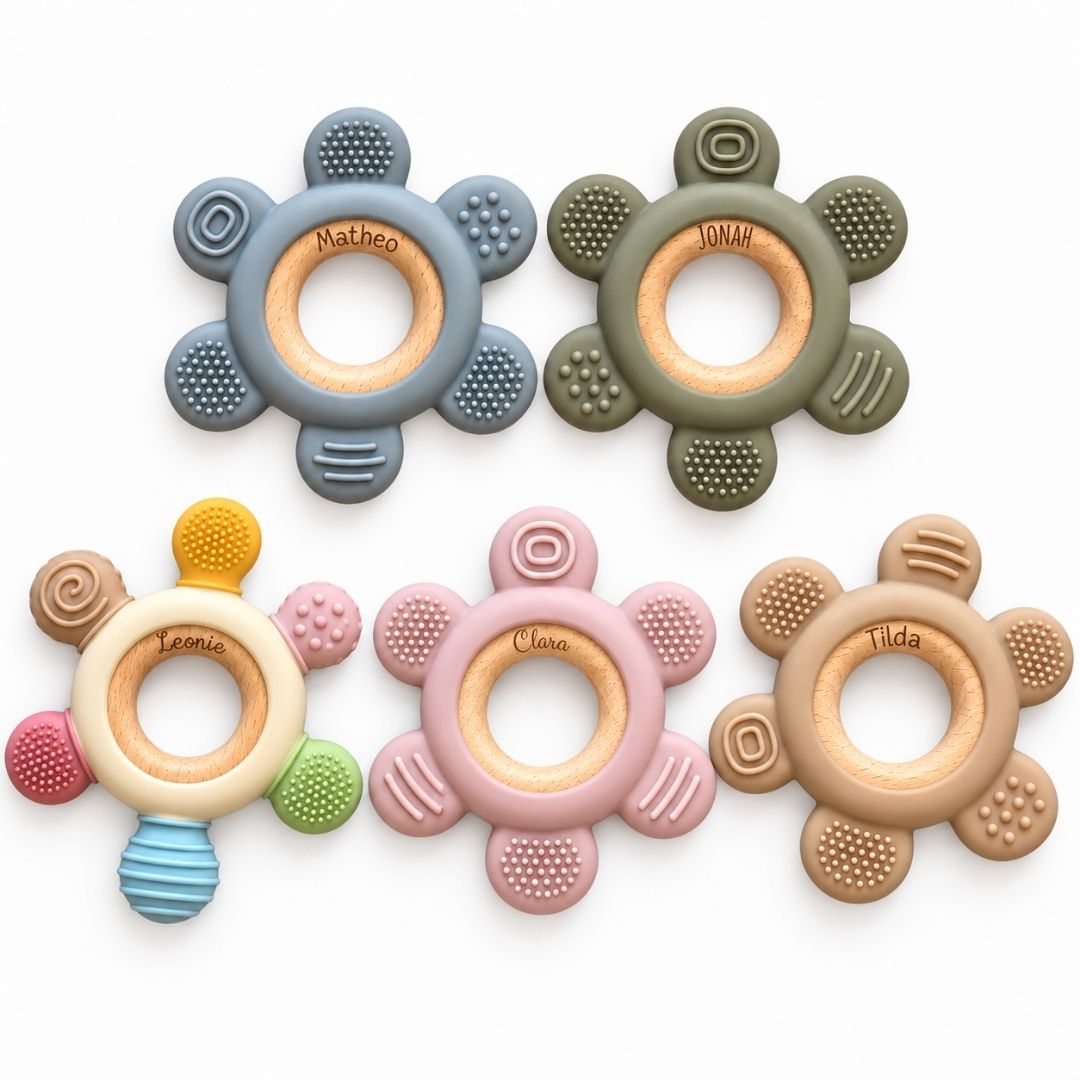 Beißring aus Holz & Silikon personalisiert - Blume - wunderwunsch