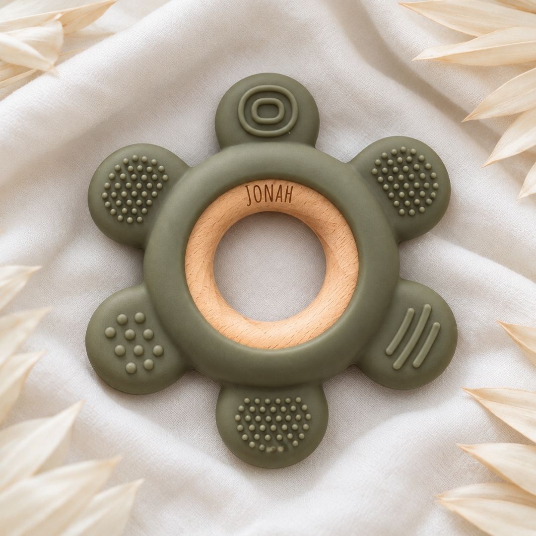 Beißring aus Holz & Silikon personalisiert - Blume - wunderwunsch