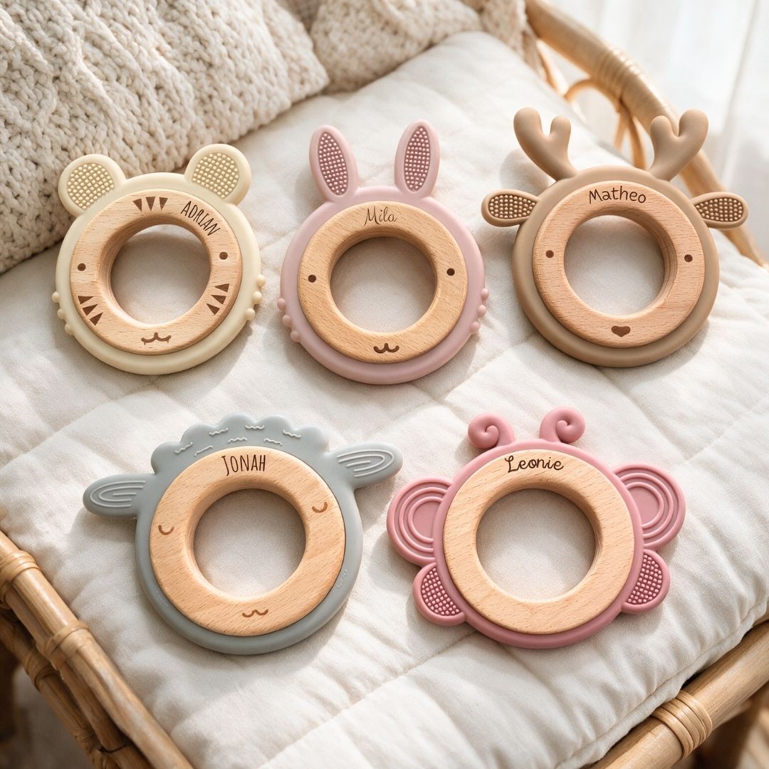 Beißring aus Holz & Silikon personalisiert - Tier - wunderwunsch