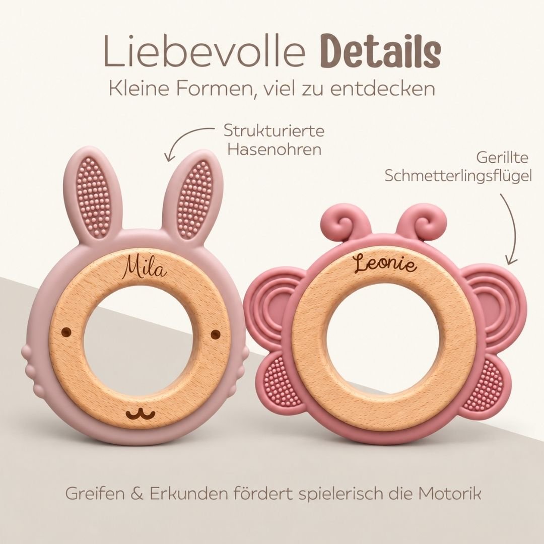 Beißring aus Holz & Silikon personalisiert - Tier - wunderwunsch
